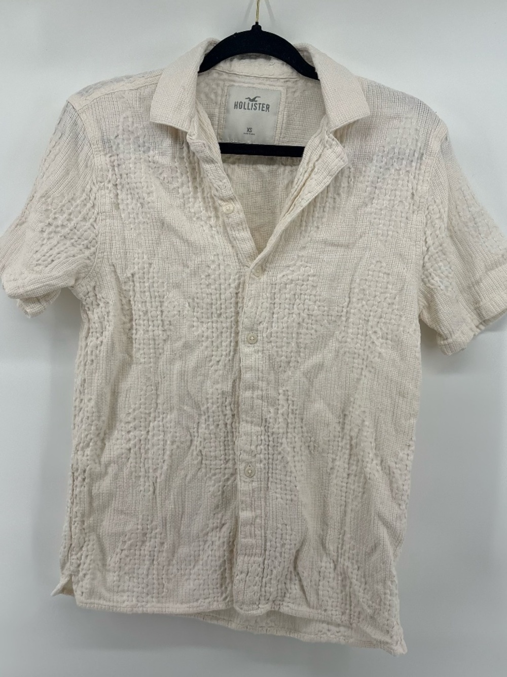 mens Hollister woven textured vertical abstract cream button up polo size XS